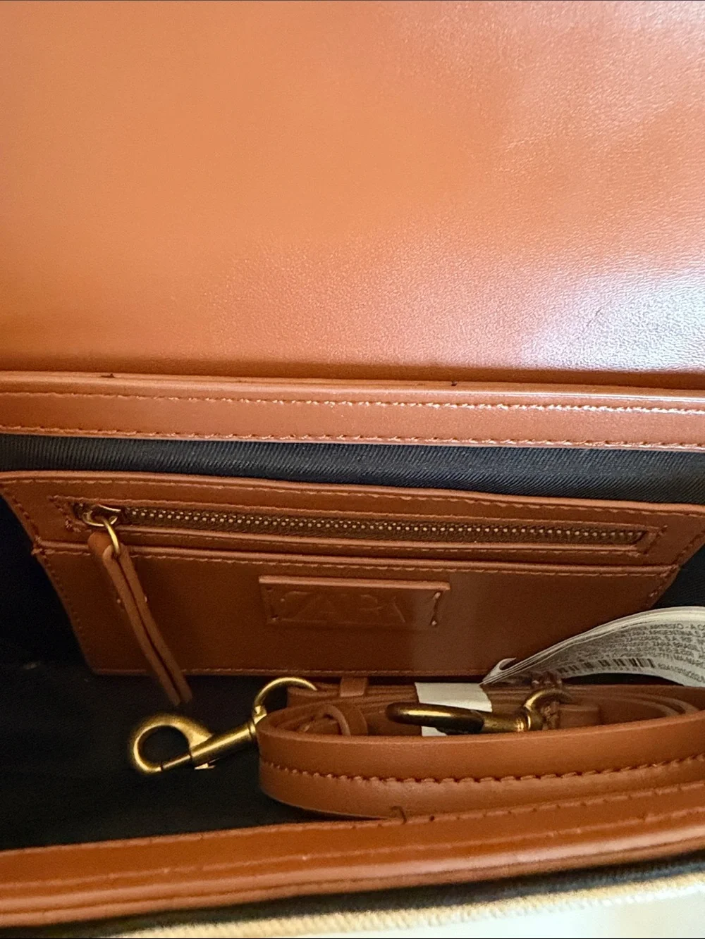 Zara Beige Canvas Shoulder Bag with Brown Leather Trim